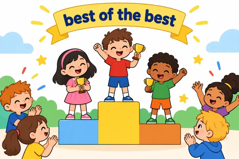 Cartoon children at a prize ceremony, showing elite in a sentence as the top group in a field.