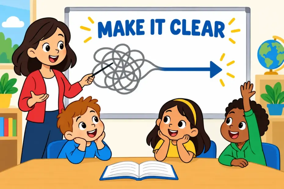 Cartoon pupils watch a teacher turn a knot of lines into a straight arrow, showing elucidate in a sentence as making a hard idea clear.
