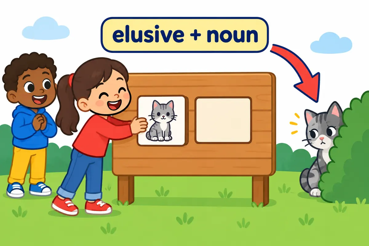 A cartoon child slots a bright adjective card before a picture of a cat, showing how elusive describes a noun.