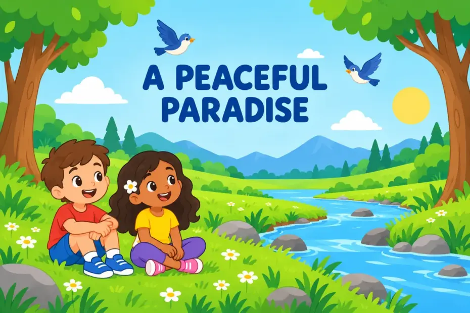Cartoon children rest in a sunlit elysian meadow beside a stream, showing elysian in a sentence as an idyllic paradise.