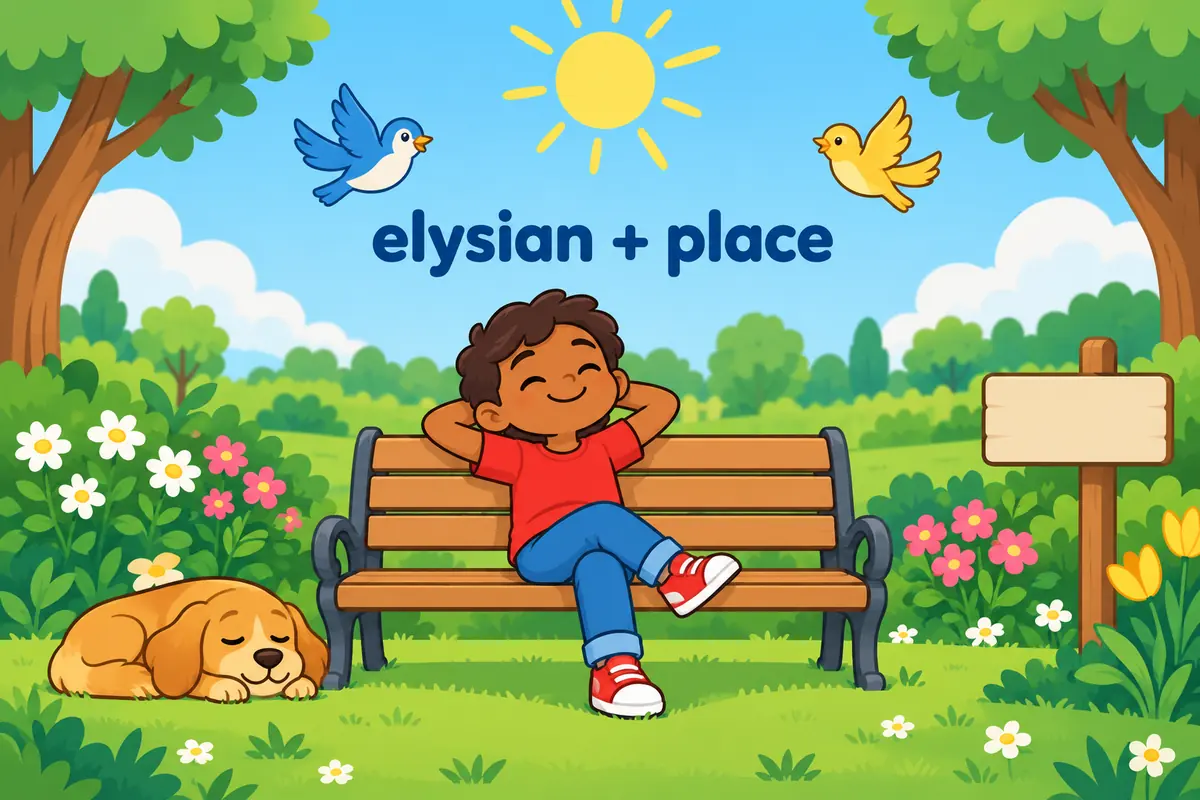 A cartoon child rests in a sunlit flowering garden while birds glide overhead, showing that elysian describes a place or a mood.