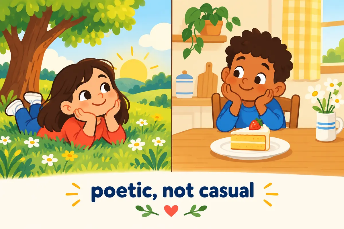 A cartoon split scene contrasts a poetic meadow with a plain kitchen table and a slice of cake, showing elysian and everyday words.