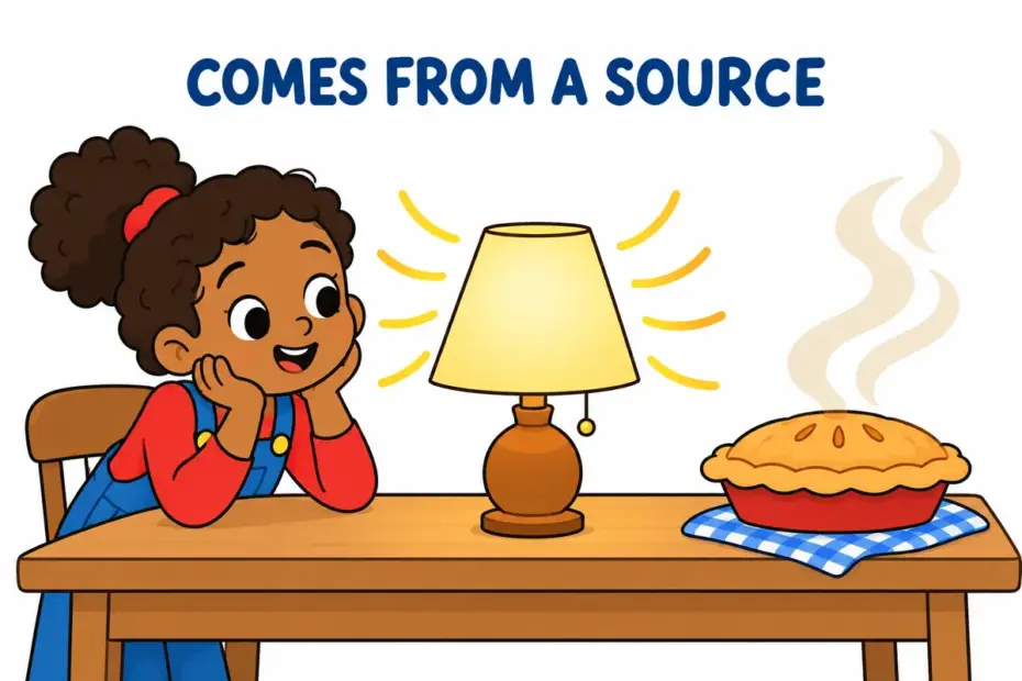 Cartoon child watches light and scent flow from a lamp and a pie, showing emanate in a sentence as flowing from a source.