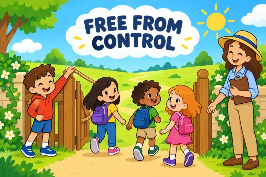 Cartoon children open a gate for classmates held behind a rope, showing emancipate in a sentence as removing control.