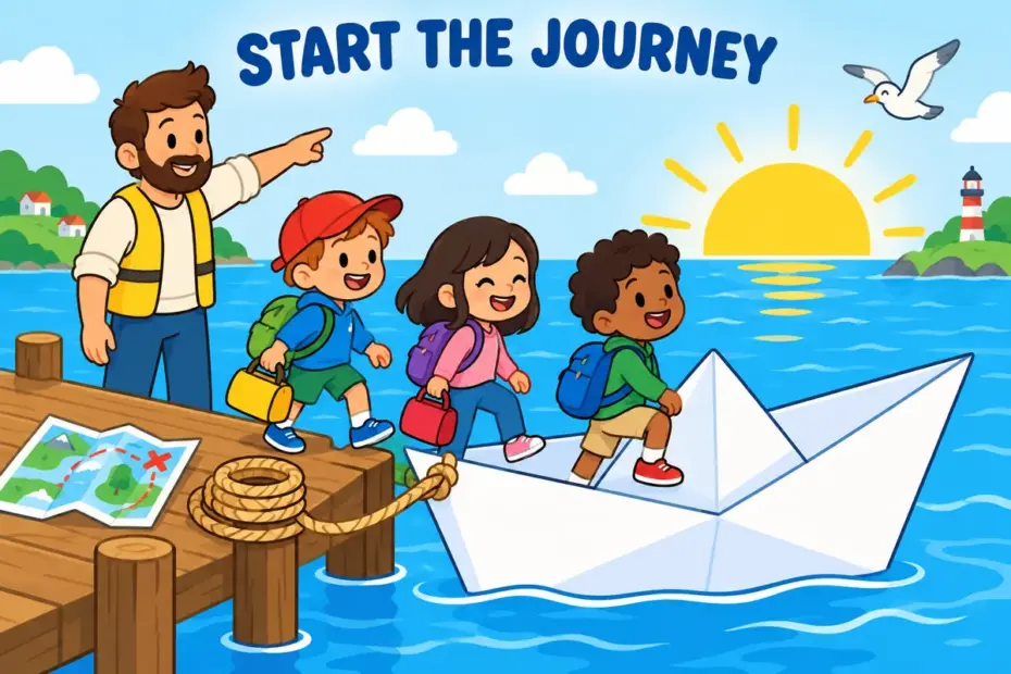 Cartoon children step onto a bright paper boat with packed bags, showing embark in a sentence as setting out on a new journey.