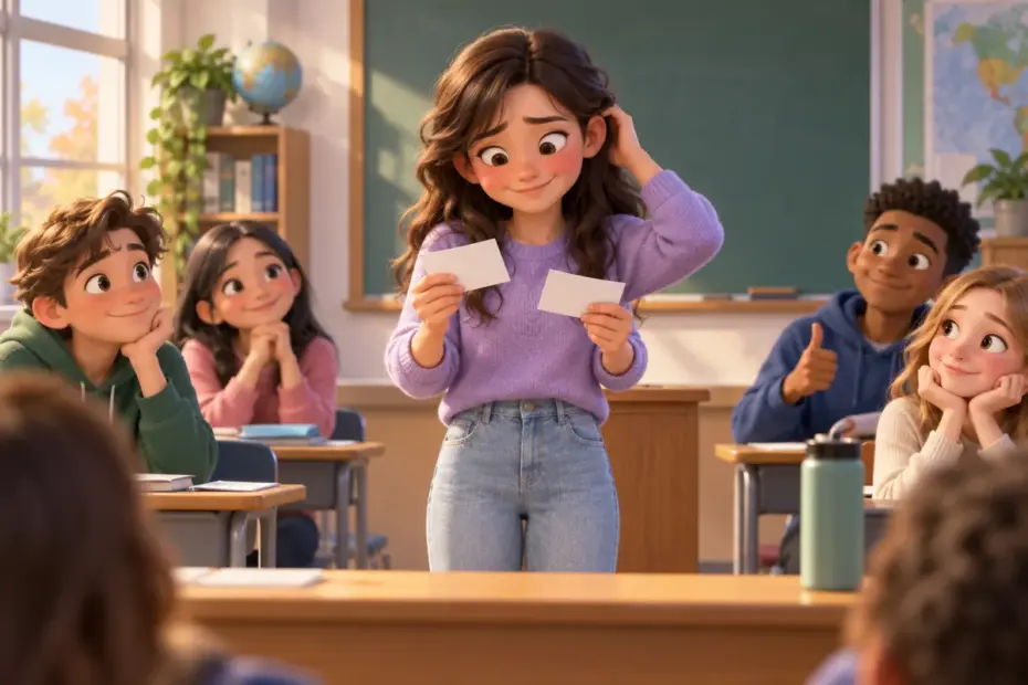 A student blushes after mixing up note cards during a classroom presentation.