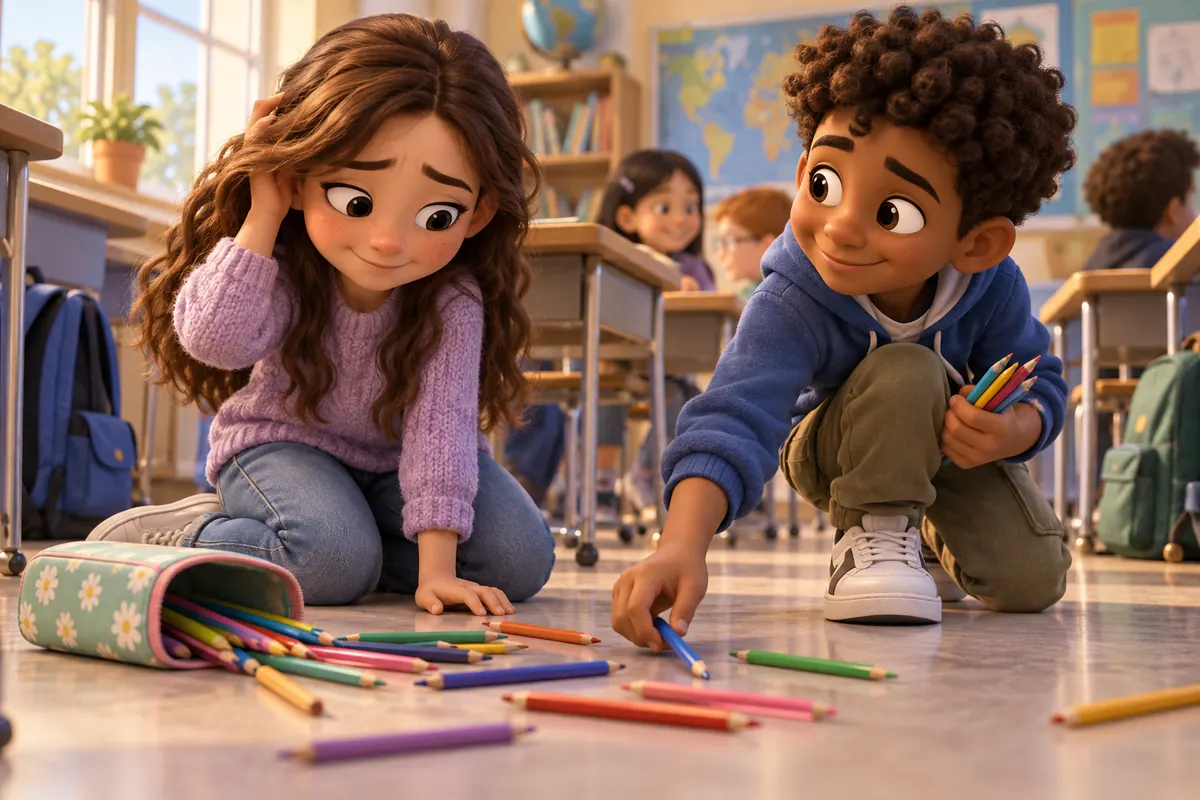 A classmate helps gather pencils after they spill from a case.