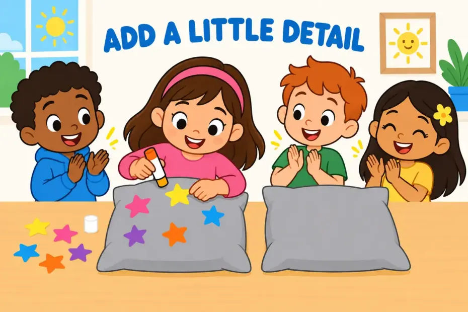 Cartoon girl glues stars onto a plain cushion as friends watch, illustrating embellish in a sentence as added decoration.