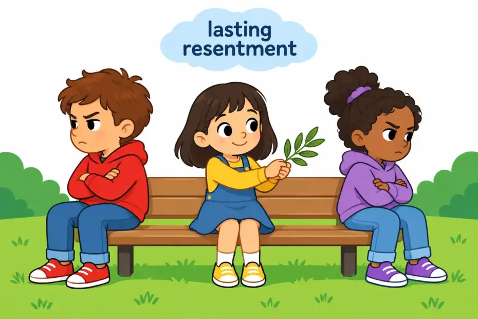 Cartoon children sit apart with folded arms after a dispute, showing embitter in a sentence as lasting bad feeling.