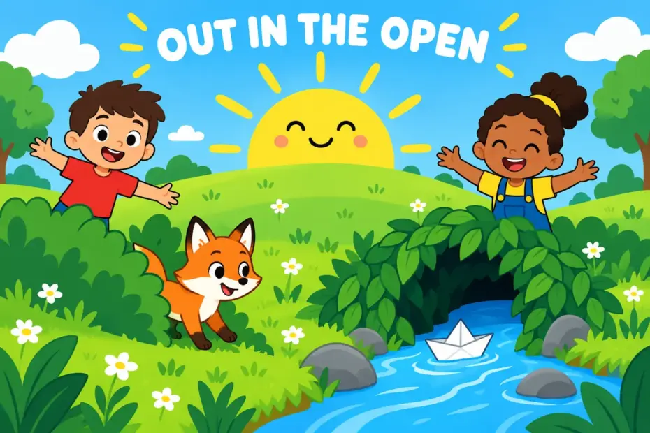 A cartoon sun and a small animal emerge from behind a hill and clouds, showing emerge in a sentence as coming into view.