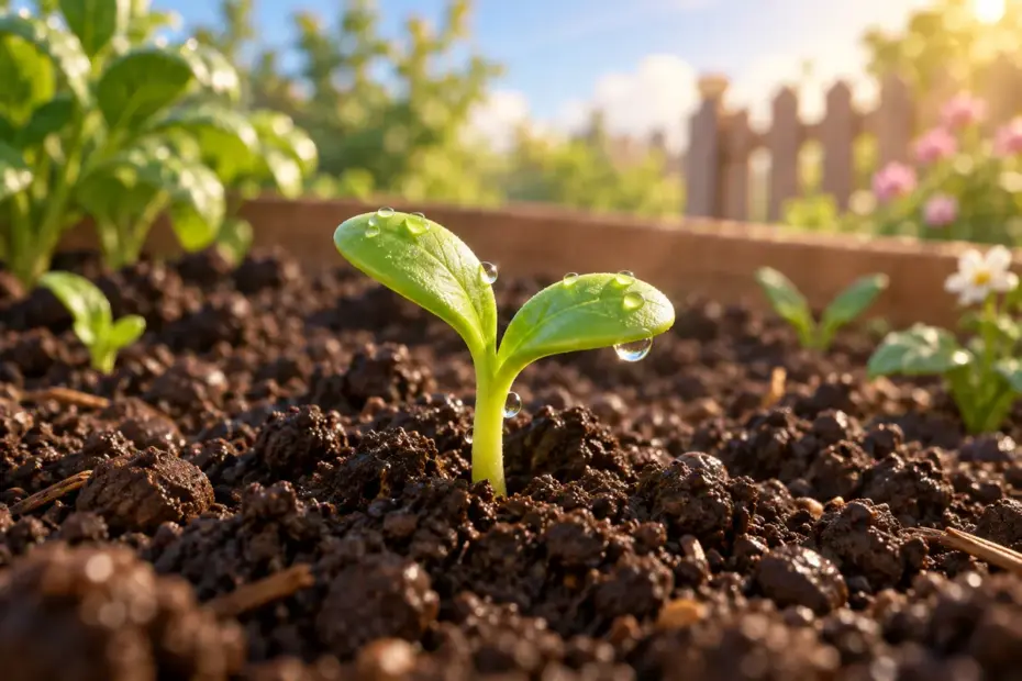 A green seedling emerges through rich, dark soil.