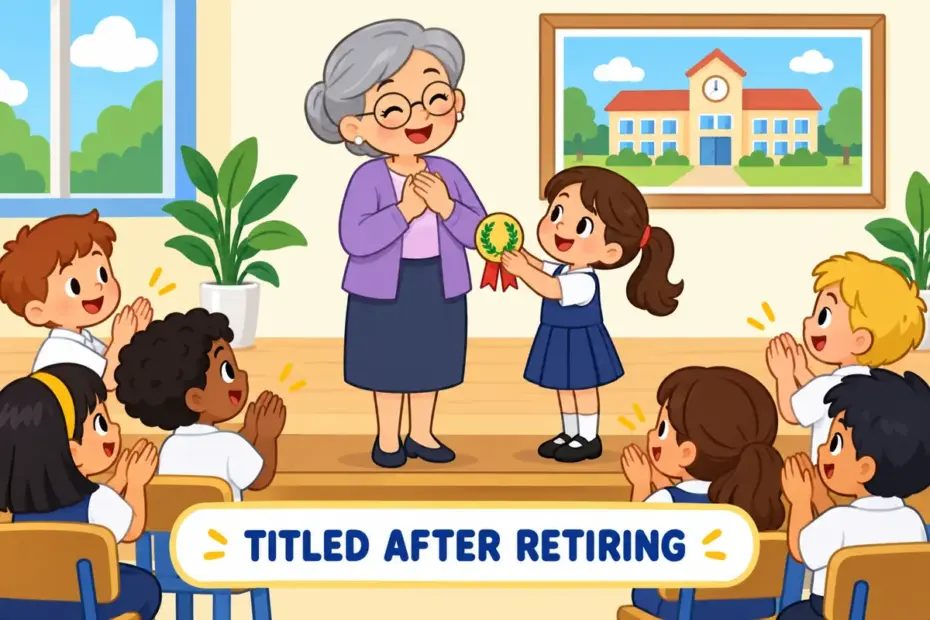 Cartoon pupils clap for a smiling retired teacher holding a laurel badge, showing emeritus in a sentence as an honour kept.