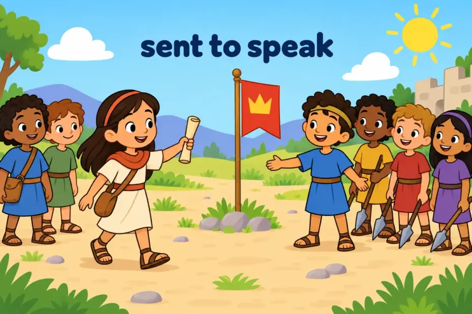 Cartoon girl carries a sealed scroll to a rival camp, showing emissary in a sentence as a person sent to speak for another.