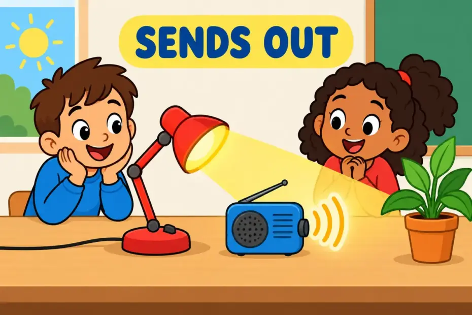 Cartoon children watch a lamp emit a bright beam, showing emit in a sentence as a source sending out light.