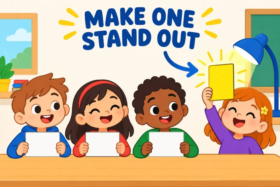 Cartoon children hold up several cards while one card glows brightest, illustrating emphasis in a sentence as deliberate prominence.