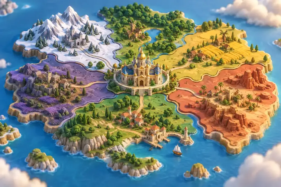 A map model shows several regions joined around a palace-shaped center.