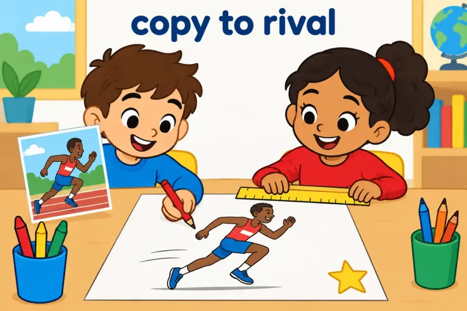 Cartoon children sketch a champion runner on a poster, showing emulate in a sentence as copying a model to match them.
