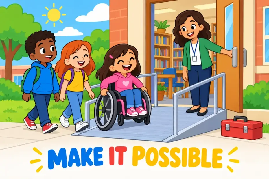 Cartoon children use a new ramp to reach the library, showing enable as making an action possible.