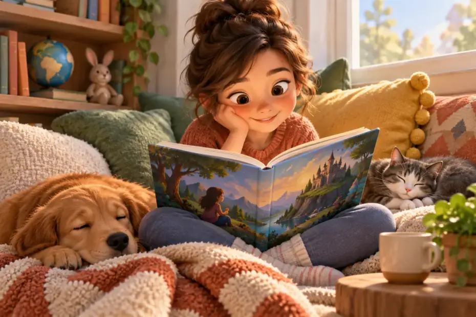 A young reader studies a colorful open storybook in a cozy reading nook.