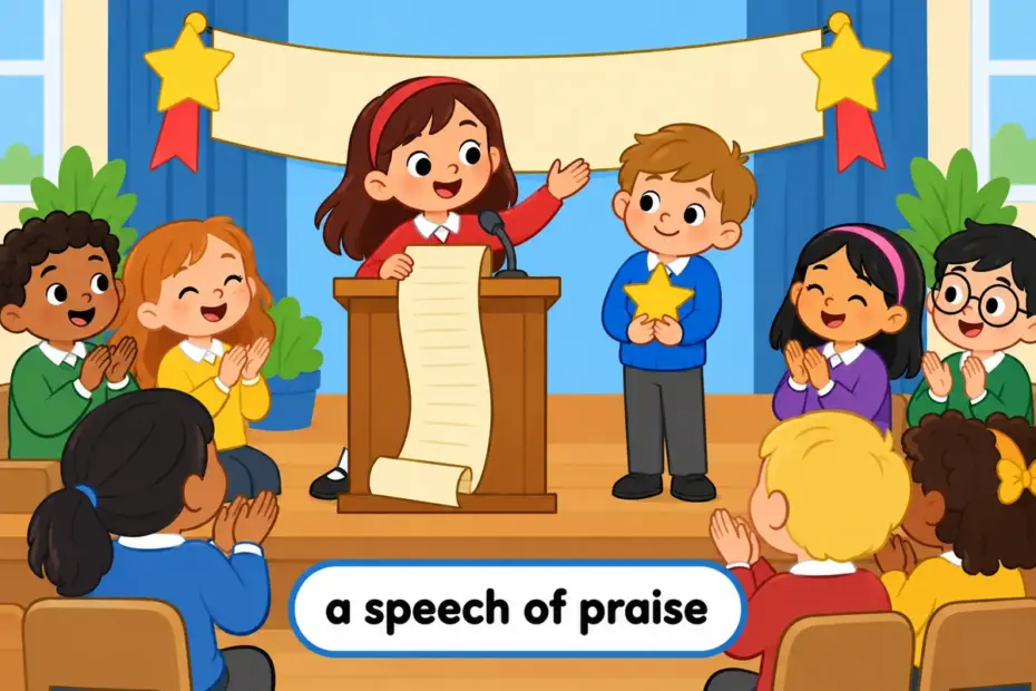 A cartoon pupil reads a long praise-filled speech from a scroll while a smiling classmate stands honoured, showing encomium in a sentence.