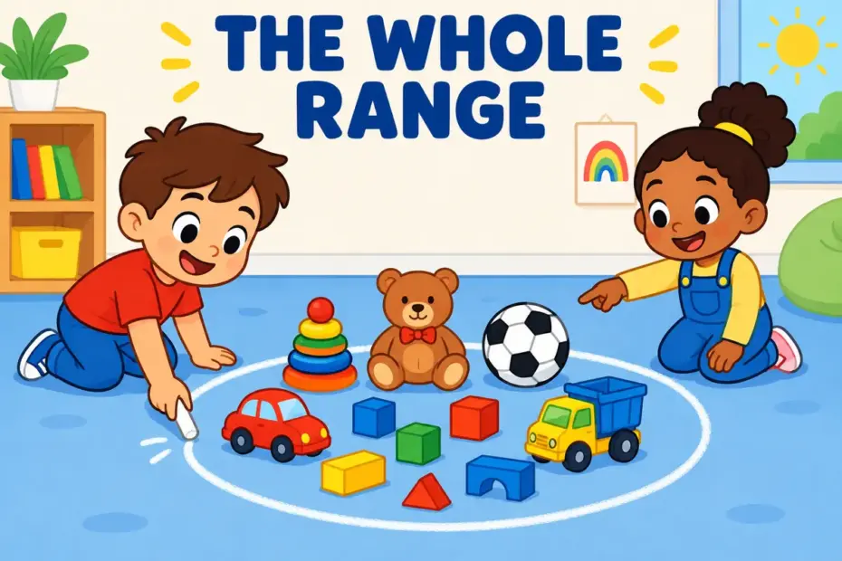 A cartoon child draws one large circle around a whole shelf of toys, showing encompass in a sentence as taking in everything.