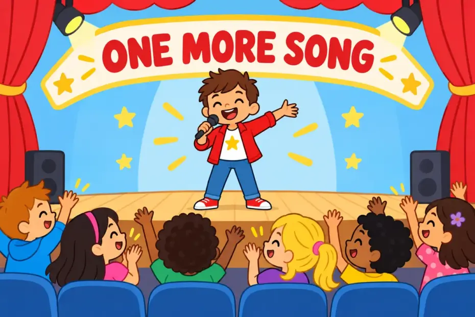 Cartoon children clap for a singer who returns for another song, showing encore in a sentence as an extra performance.