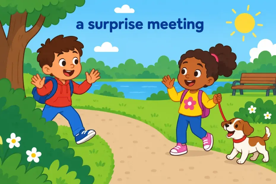 Cartoon children stop in surprise as they meet on a path, showing encounter in a sentence as an unplanned meeting