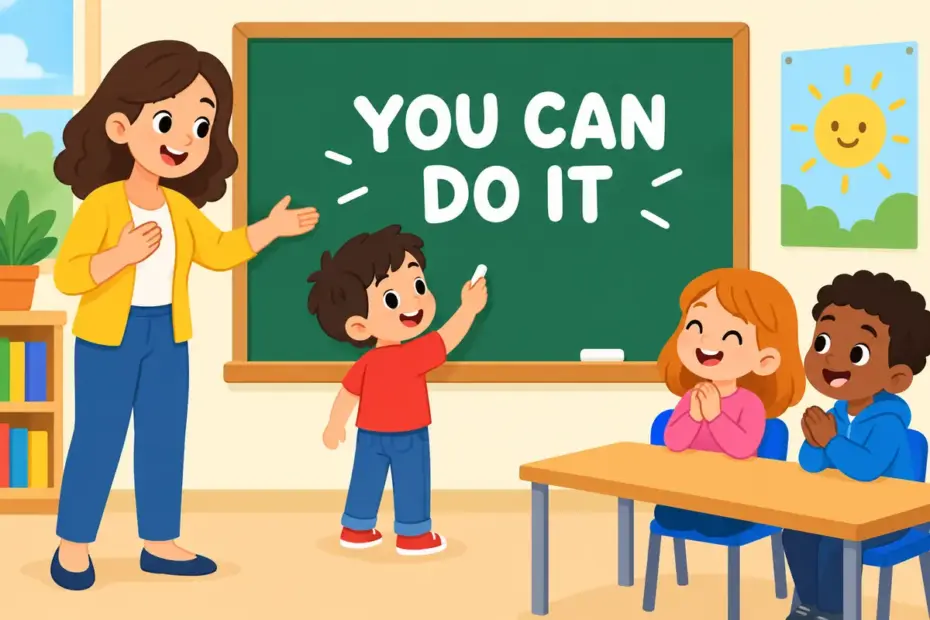 A cartoon teacher smiles and gestures as a pupil steps up to a board, showing encourage in a sentence as giving confidence.
