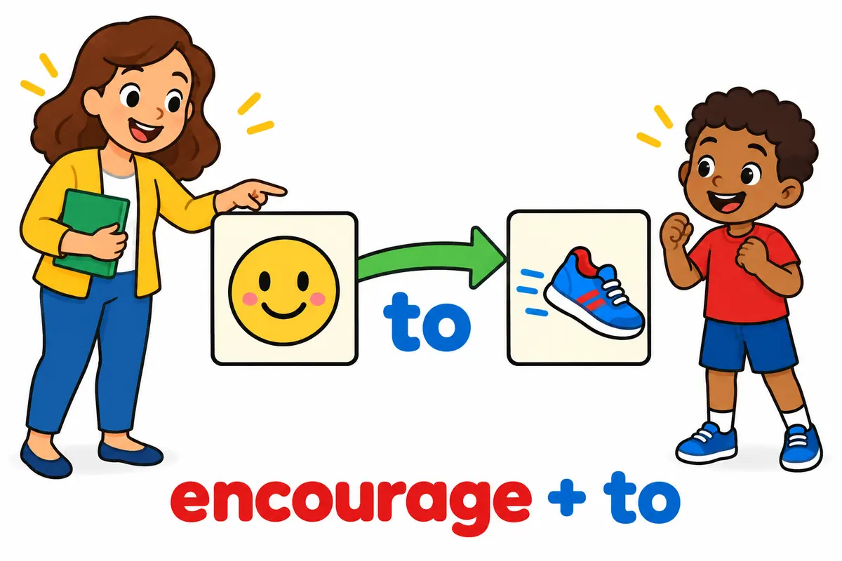 A cartoon teacher points from a pupil to an action card, showing encourage followed by a person and a to-infinitive.