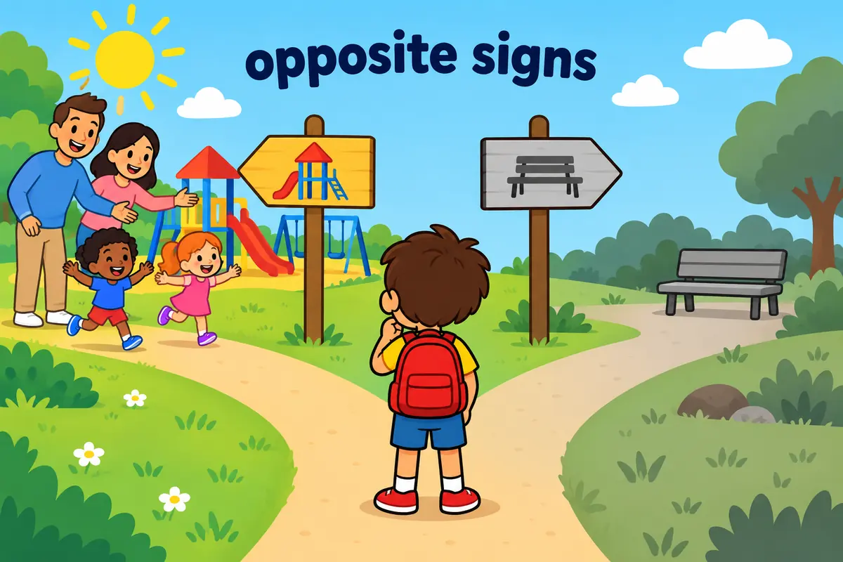 Two cartoon signs point opposite ways above a child deciding whether to try, showing encourage against discourage.