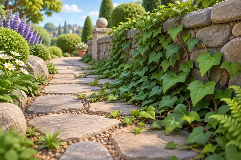 Vines gradually spread across the edge of a stone garden path beside a low boundary wall.
