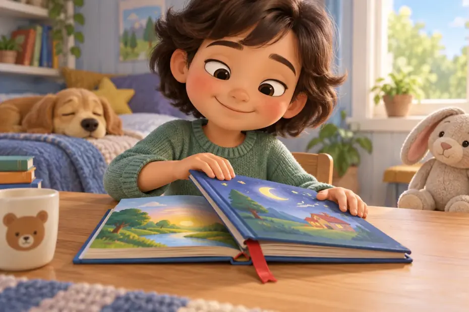 A child reaches the final page of a picture book and closes it with a satisfied smile.