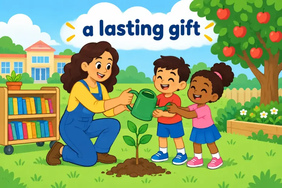 Cartoon children watch a donor plant a lasting gift for their school, teaching endow in a sentence.