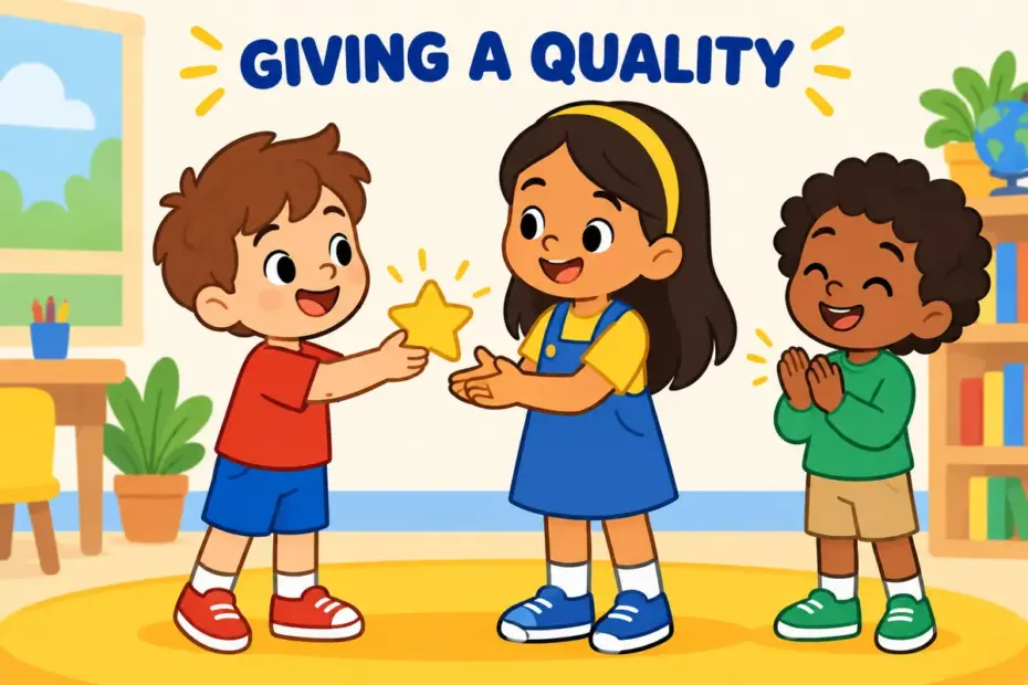 Cartoon child hands a glowing star of courage to a friend, showing endue in a sentence as granting a quality.