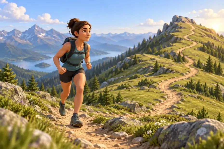 A determined trail runner climbs a rolling hillside in warm morning light.