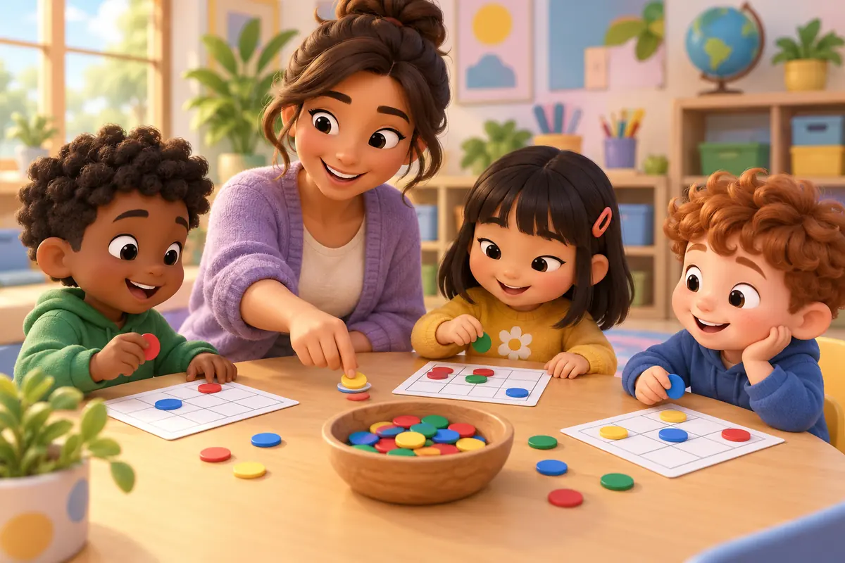 A teacher guides a small-group card-and-counter reading game.
