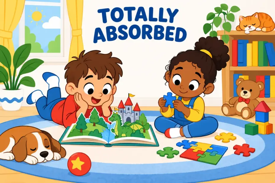 Cartoon children engross in a pop-up book and a puzzle, showing engross in a sentence as holding all of their attention.
