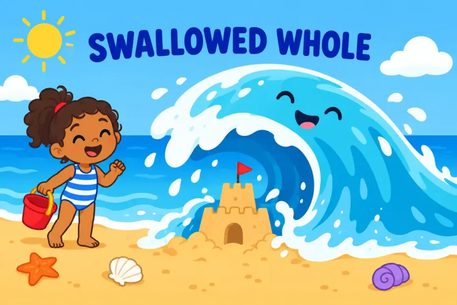 Cartoon waves sweep over a sandcastle while a child watches, showing engulf in a sentence as something surrounded completely.