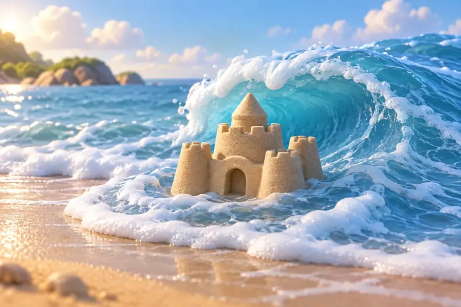 Blue waves circle a small sandcastle on a quiet beach to illustrate something being engulfed.