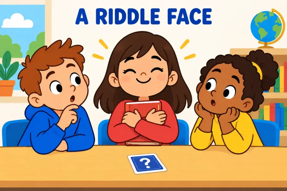 A cartoon child holds a closed book to their chest with a calm smile, showing enigmatic in a sentence as a puzzle kept unspoken.