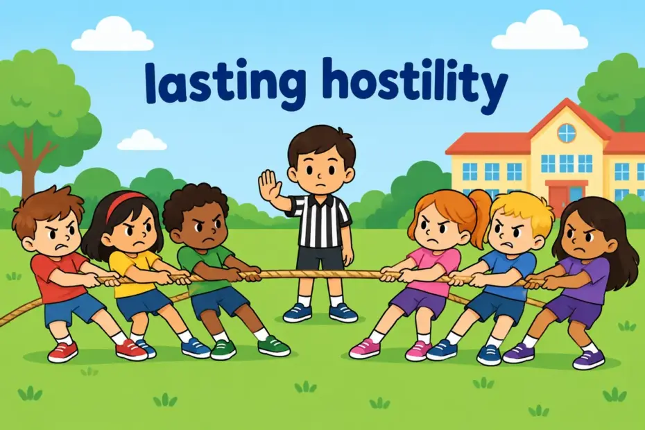 Cartoon children from two sides stand apart with stern faces, showing enmity in a sentence as lasting hostility.