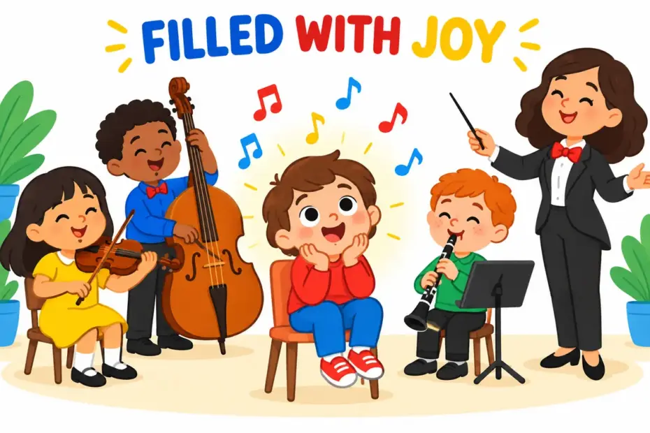 A cartoon child listens to a small orchestra with a glowing, delighted face, showing enrapture in a sentence as intense delight.
