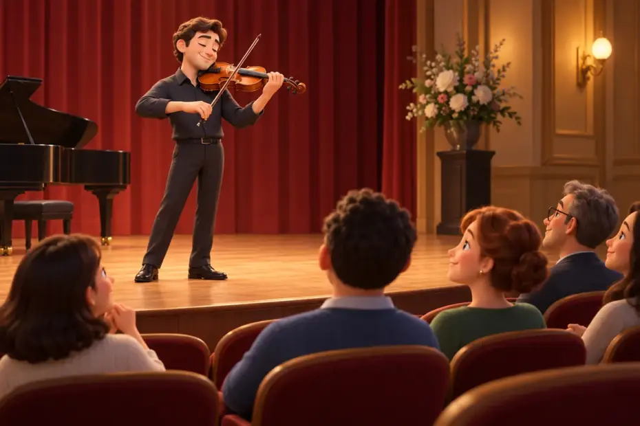 A theater audience listens with absorbed smiles as a violinist performs under warm stage lights.