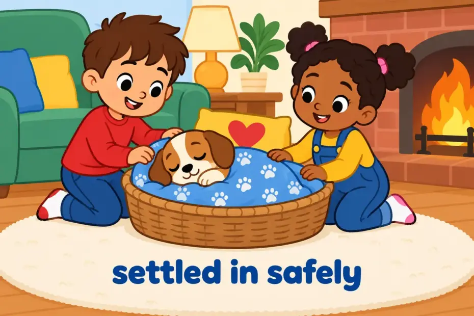 Cartoon children tuck a sleepy puppy into a blanket basket by a warm fire, showing ensconce in a sentence as a safe, settled place.