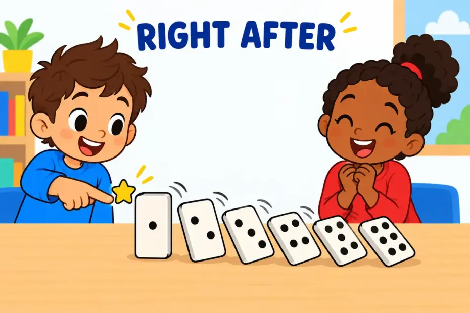 Cartoon dominoes topple one after another, showing ensue in a sentence as an event that follows from the last.