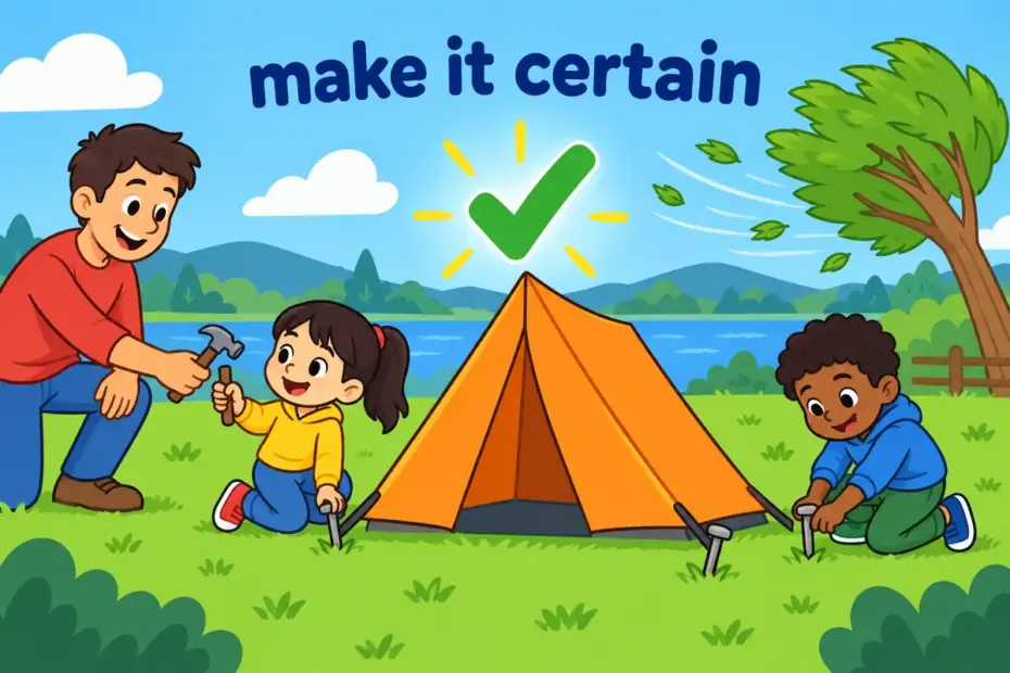 Cartoon children secure a tent against wind, showing ensure in a sentence as making an outcome certain.