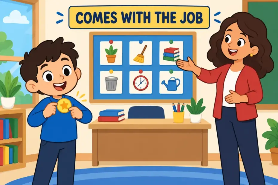 Cartoon pupil accepts a class monitor badge and sees extra chores attached, showing entail in a sentence as a role with duties.