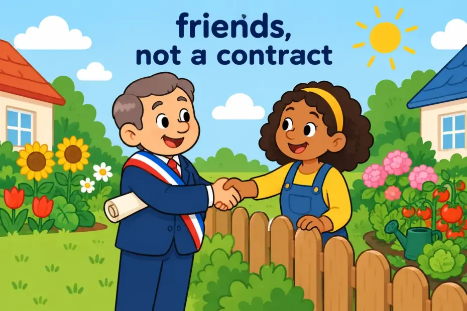Cartoon mayor and neighbour shake hands across a fence, showing entente in a sentence as a friendly understanding without a treaty.
