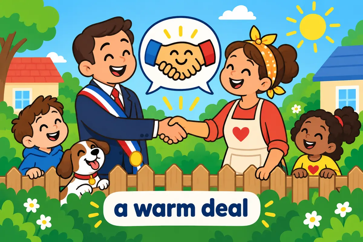 A cartoon mayor and a cartoon neighbour shake hands across a low fence while a simple handshake sign floats between them.