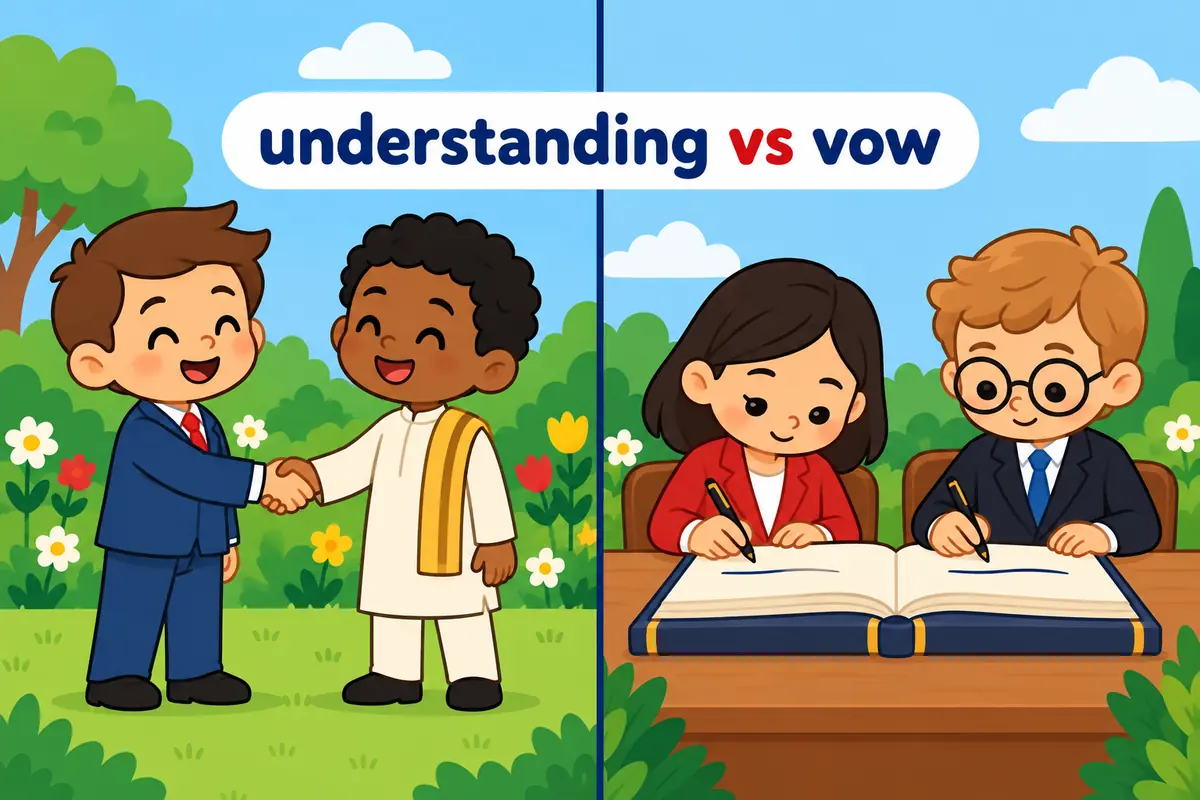 A cartoon split scene contrasts two smiling leaders shaking hands with two leaders signing a thick bound document.